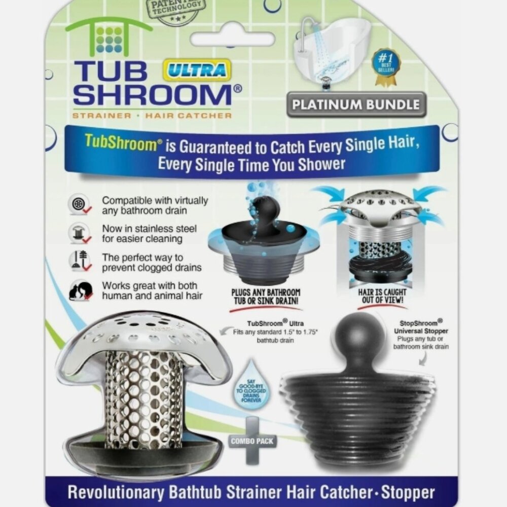 TubShroom® Ultra (Stainless) Strainer Plus StopShroom® Plug Combo for Tub Drains
